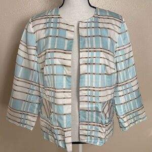 Pendleton Blue White Plaid Silk Blend Open Front Blazer Jacket Womens 16 Petite